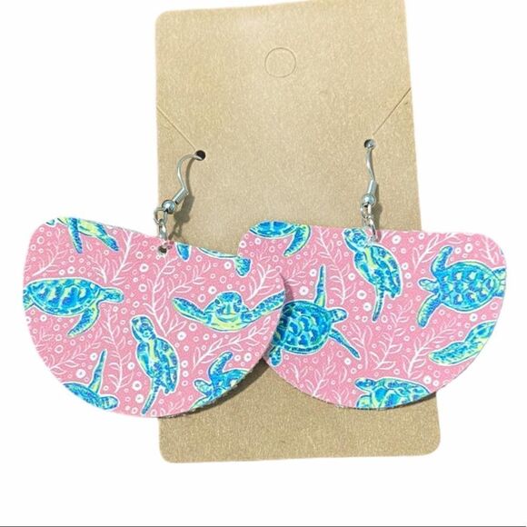Statement Earrings Sea Turtle Dangle Drop Slip On Earrings Half Circle Pink Blue - Picture 1 of 5